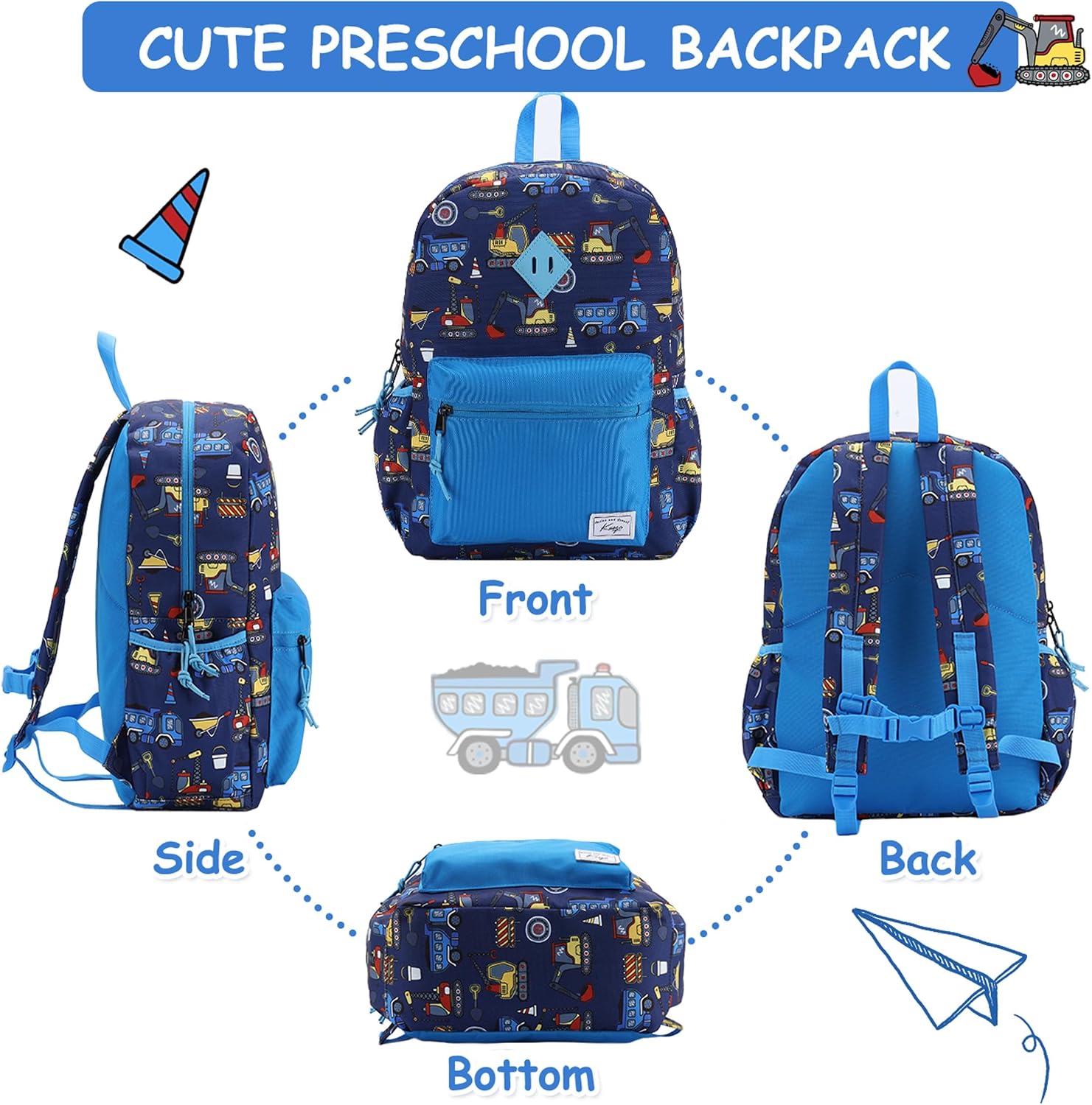 Detalle de Kasgo Kids Backpack for Boys Girls (13L) – 29×12×38cm school bag with chest strap and water bottle holders