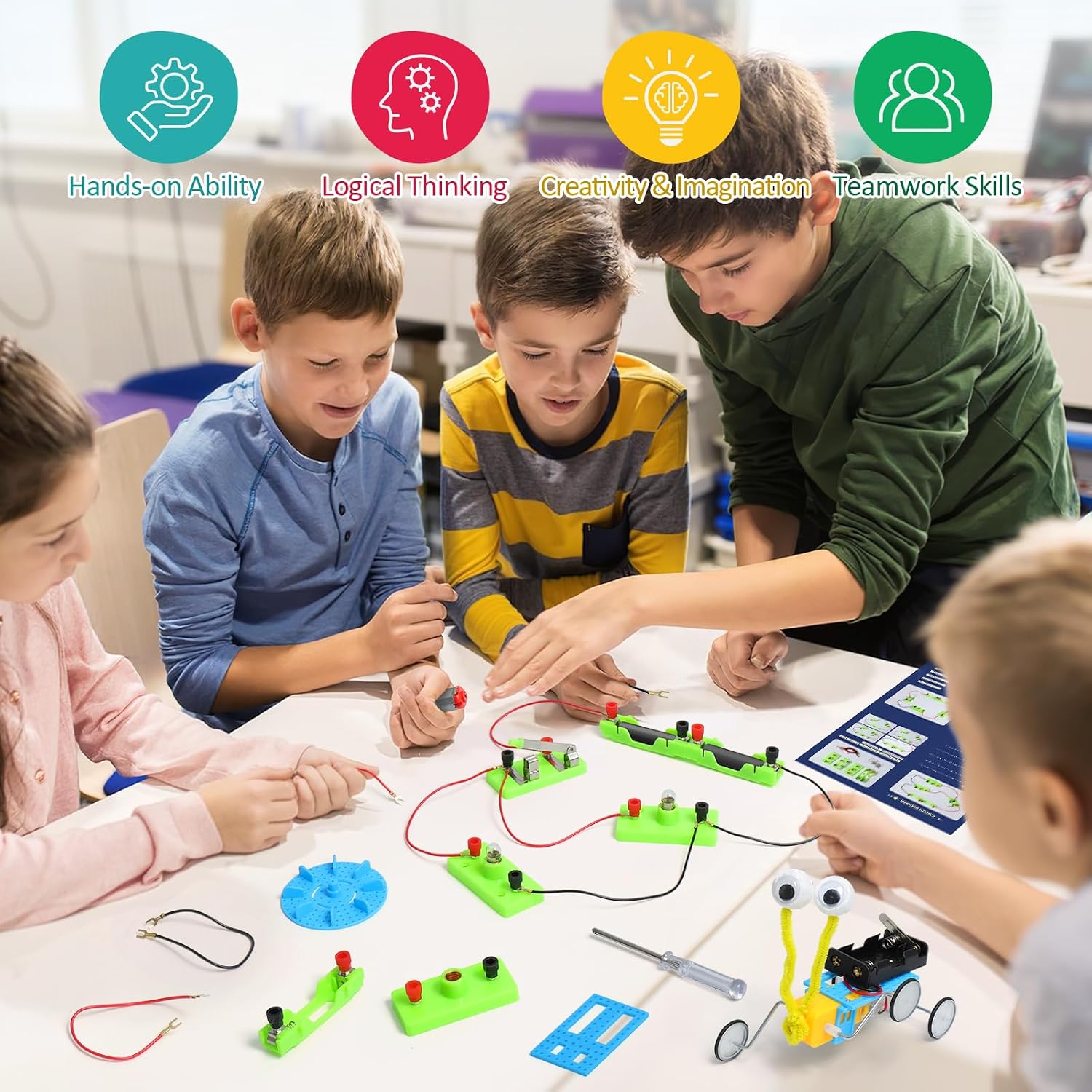 Detalle 2 de STEM Toys 5-in-1 Science Experiments Kit for ages 8–14: tracked tank, crawler & doodle robots