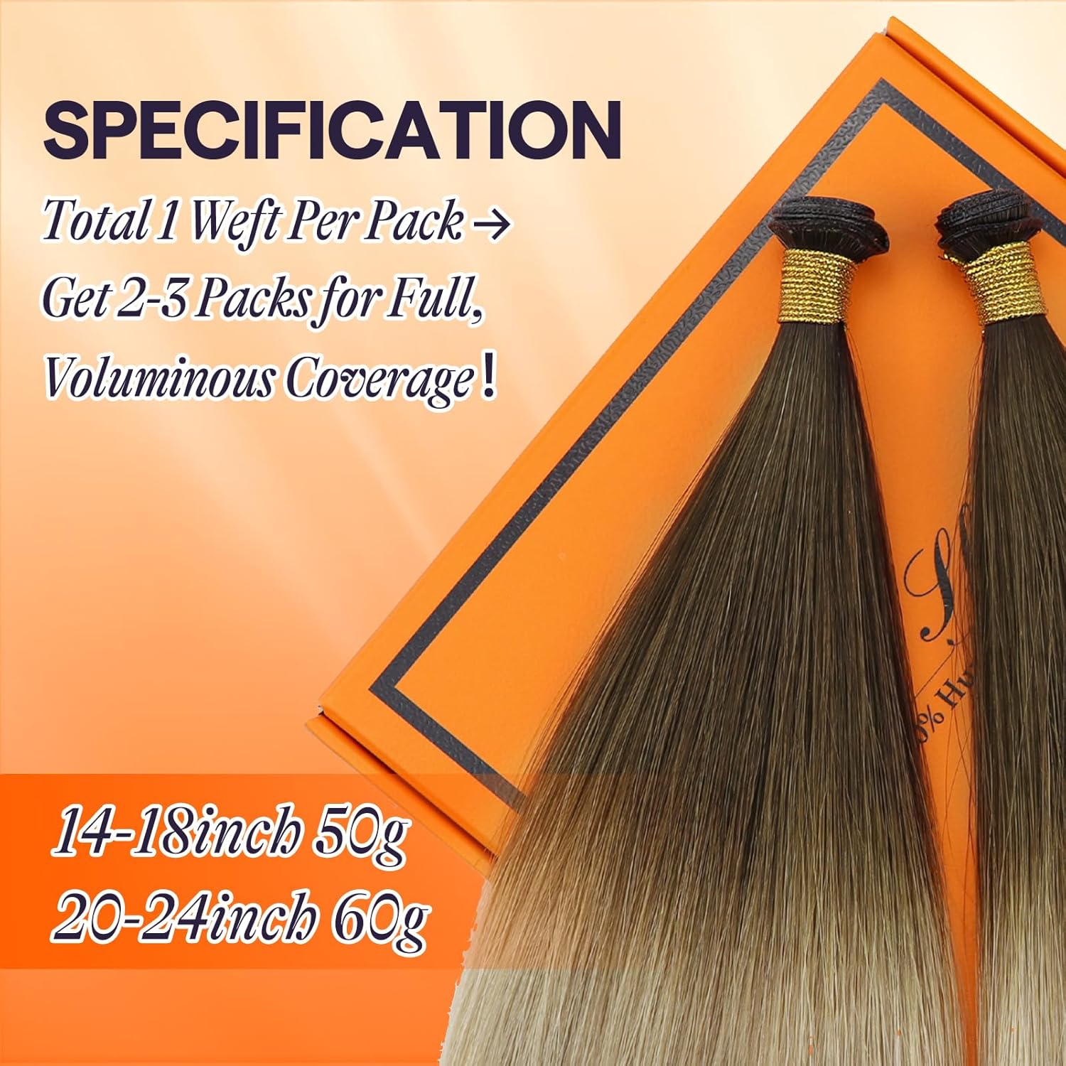 Detalle de Full Shine Weft Hair Extensions Human Hair Sew-In Hand-Tied (22 Inch, 60G) – Walnut Brown with Light Blonde Highlights