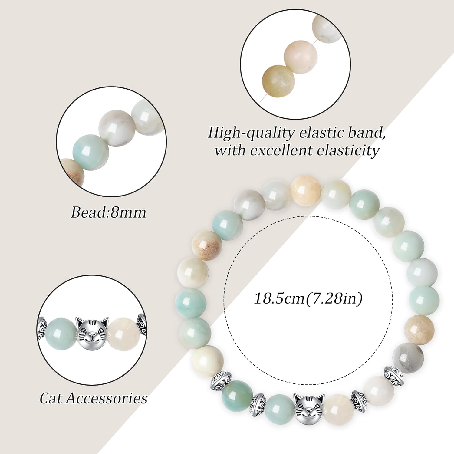 Detalle de AWARDSEN 8 mm Animal Themed Crystal Bracelet – Cat, Elephant, Owl, Turtle or Panda Charm for Women