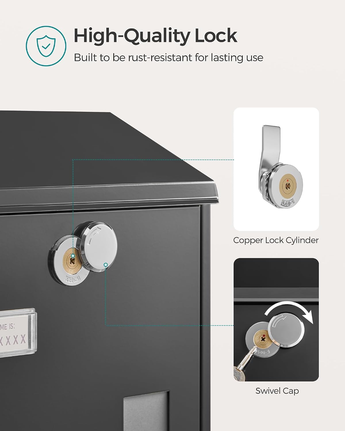 Detalle de SONGMICS GMB031B02 modern wall-mounted post box with viewing windows, nameplate and lock