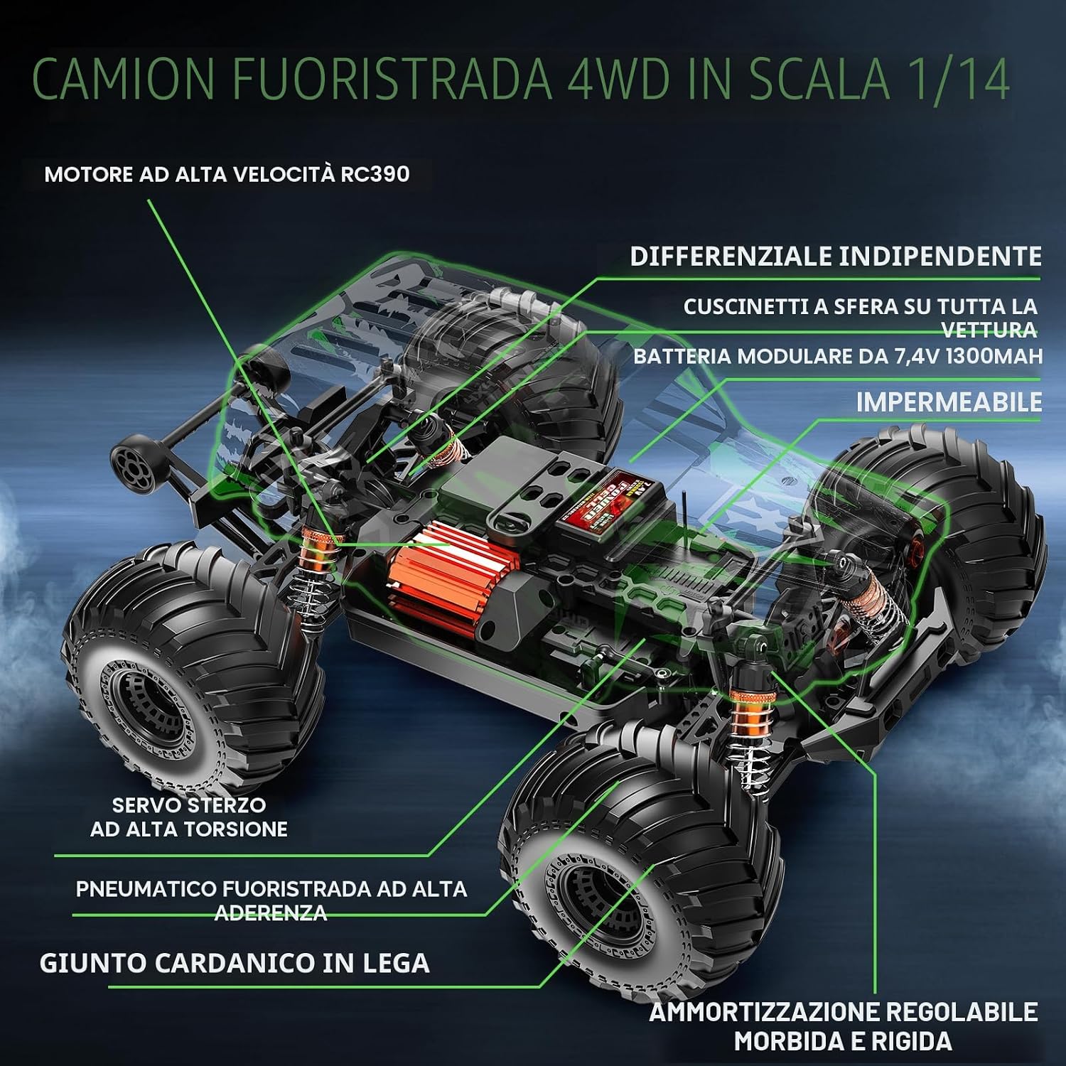 Thumbnail 3 de Womaqu Macchina RC telecomandata 1:14 4WD 40+ km/h con 2 batterie 7.4V 1300mAh e 2 set di pneumatici