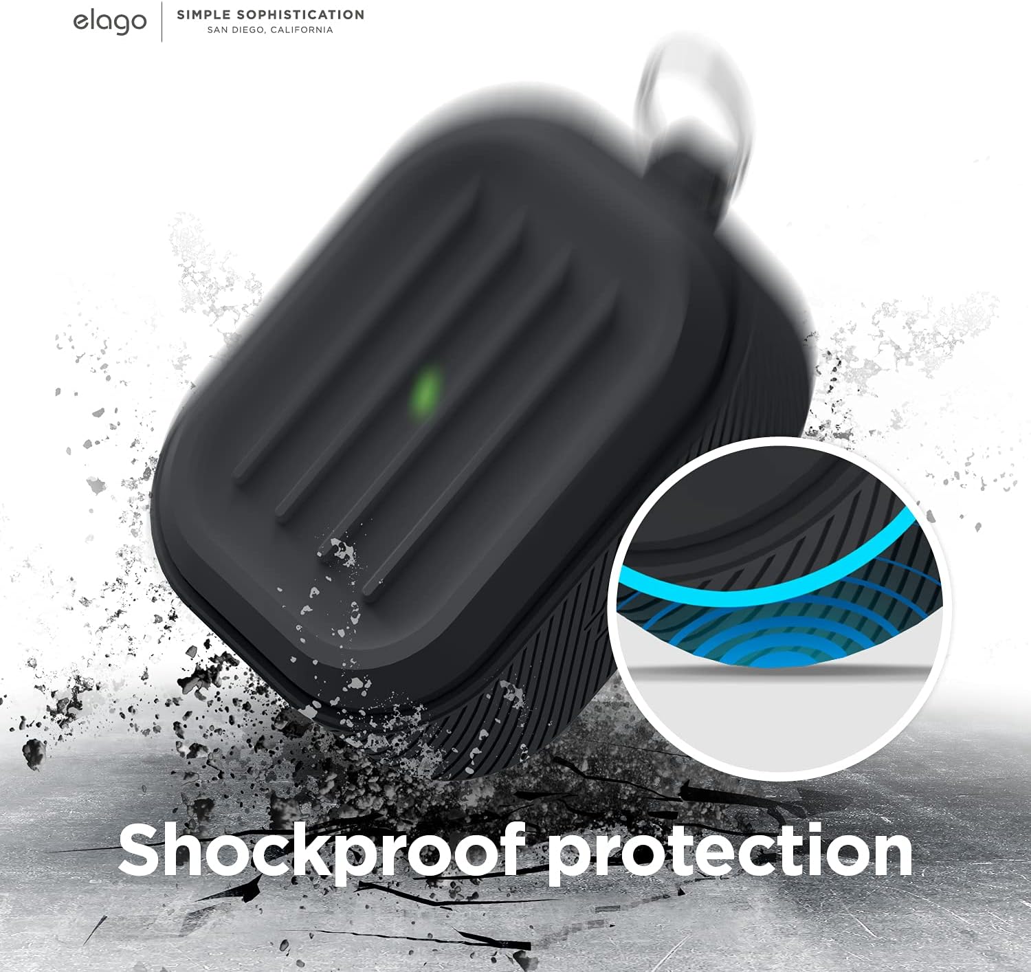 Detalle de elago Coque armée avec porte-clés pour AirPods 3 – recharge sans fil, protection anti-chocs (noir)