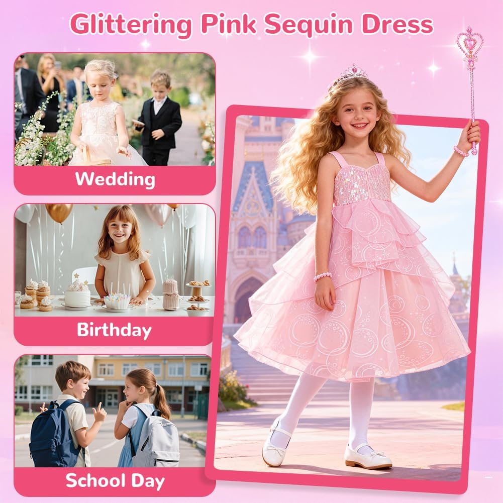 Thumbnail 5 de Costume Glinda Principessa Bambina BSBUY, abito rosa in tulle con paillettes (5-12 anni) per Halloween, carnevale e cosplay