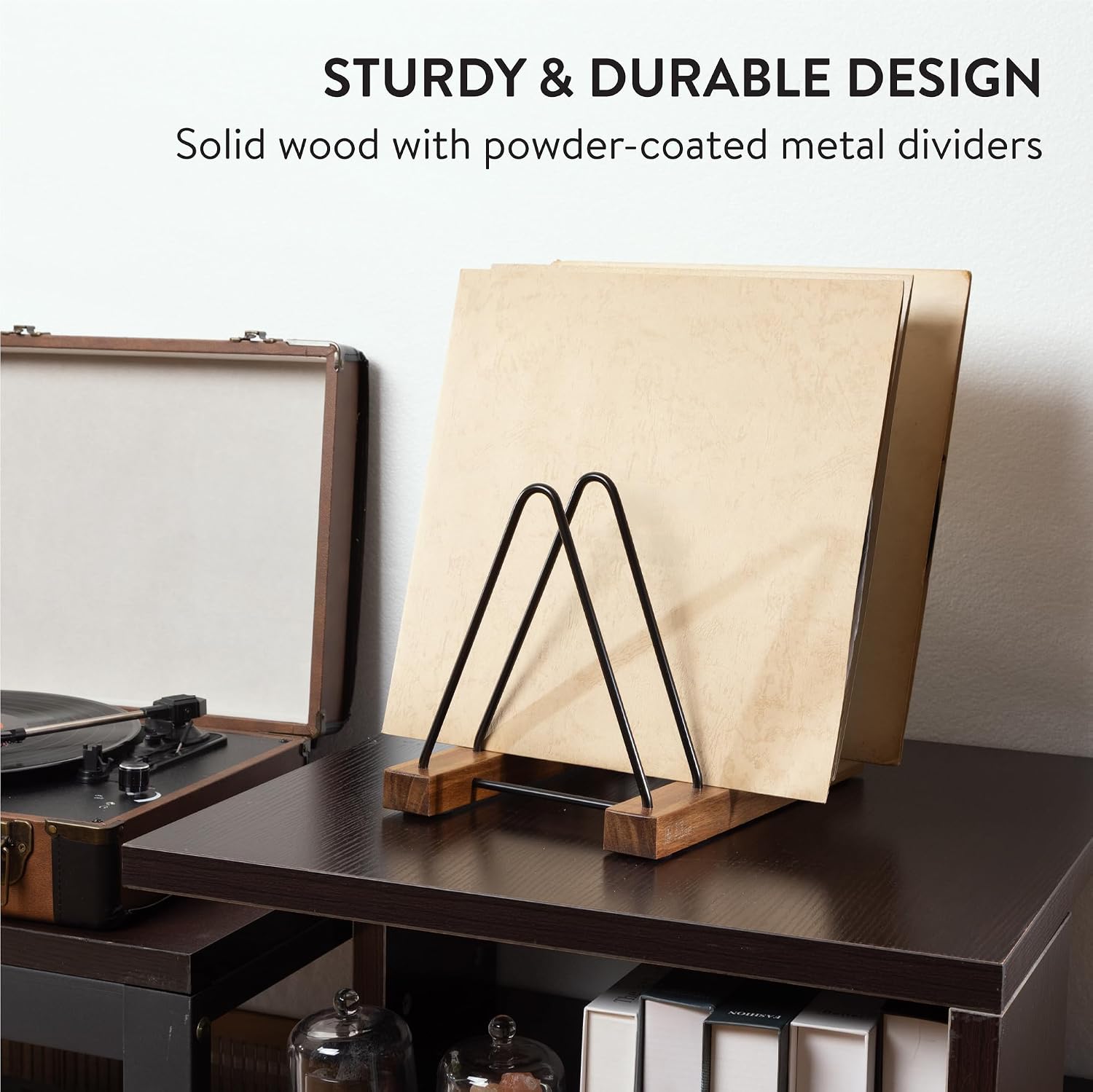 Detalle de Big Fudge Acacia Wood Vinyl Record Holder, 30–40 LP Capacity, Scratch-Resistant Base