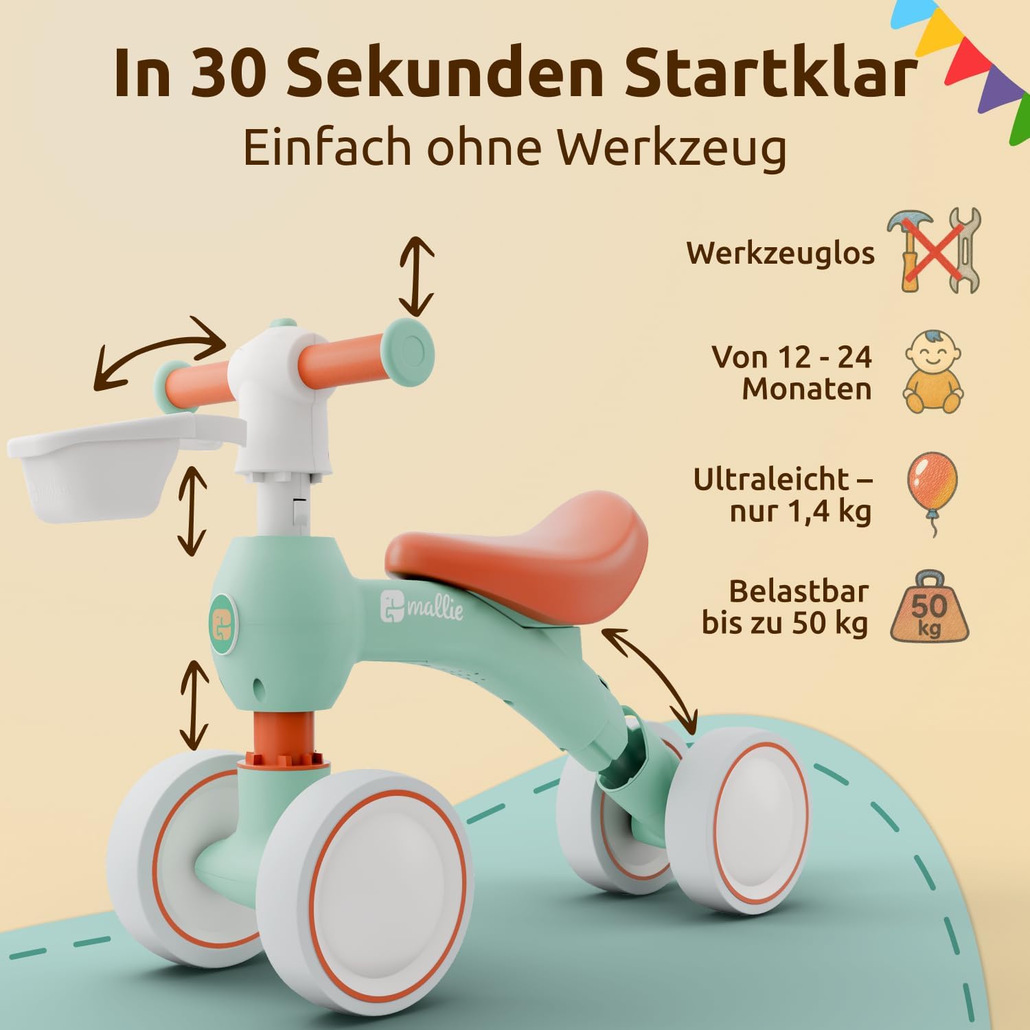 Detalle 2 de Mallie® Bicicletta Senza Pedali con cestino – Balance Bike per bambini 1–2 anni