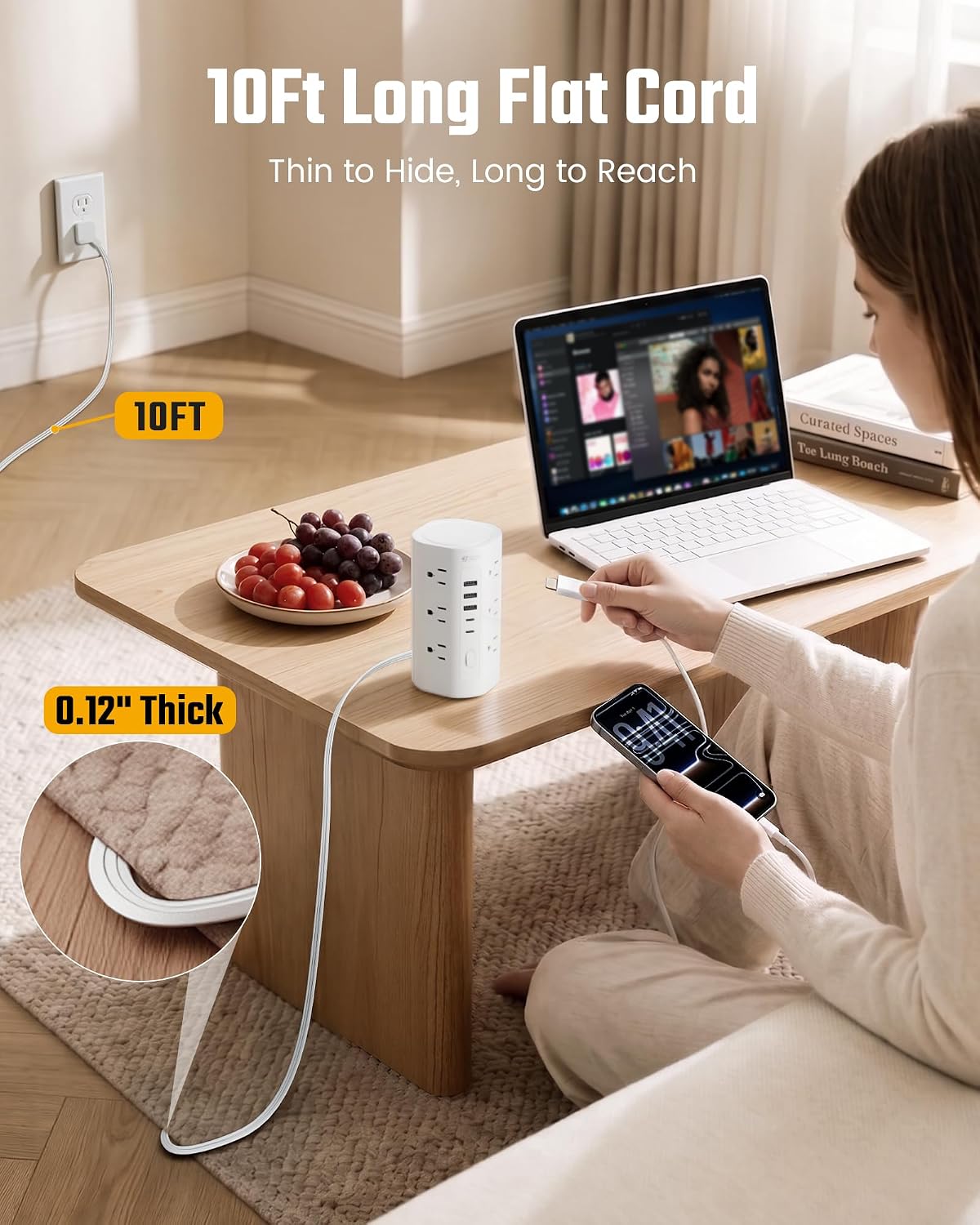 Detalle de Tower Power Strip: 17-in-1 Surge Protected Desk Charging Tower with 12 AC Outlets and 5 USB Ports (2 USB-C)