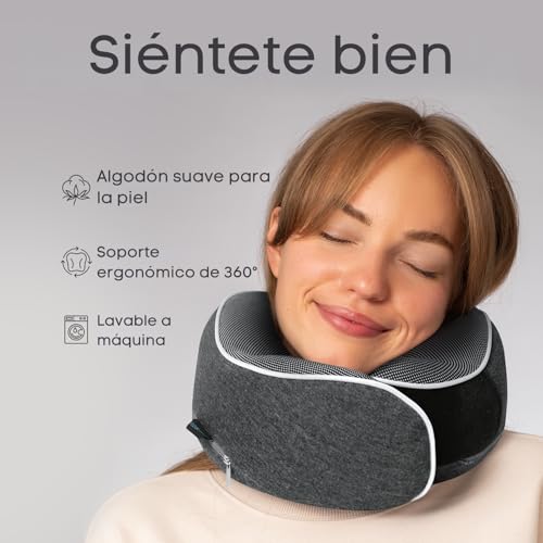 Detalle de Proglobe Almohada Cervical de Viaje 100% Espuma Viscoelástica con Antifaz 3D, Gris Oscuro