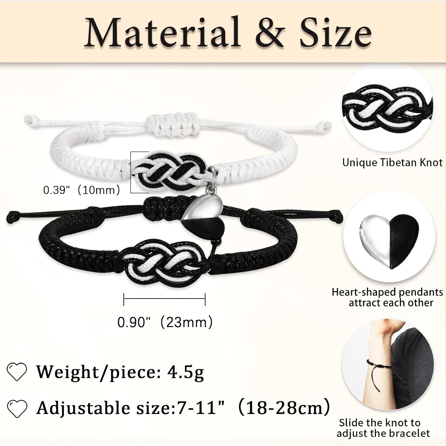 Detalle de Valentin Geschenk Frau – Pärchen Armbänder | Verstellbares Rope Armband mit Herzanhänger