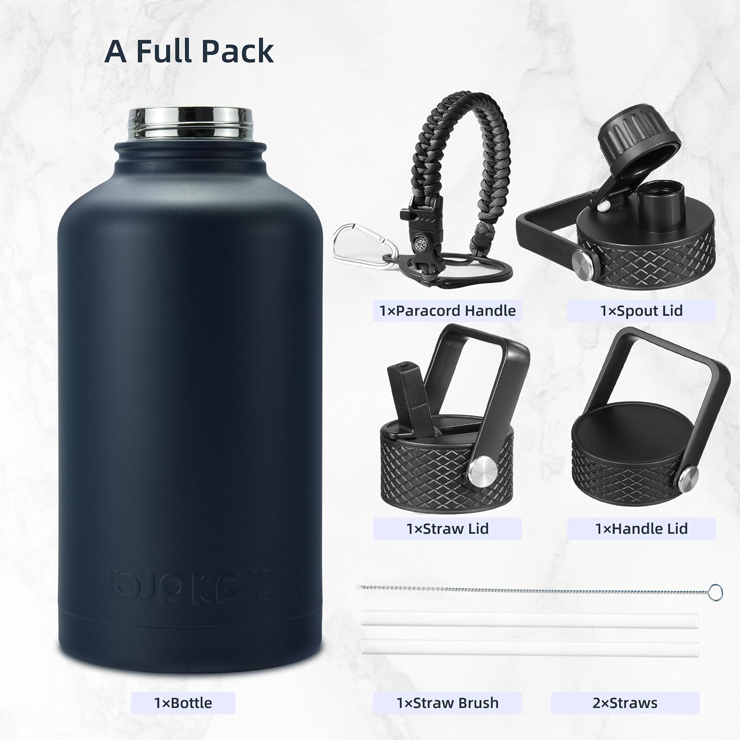 Detalle de BJPKPK 64oz Half Gallon Insulated Water Bottle (Navy Blue) with Straw Lid, 3 Lids & Paracord Handle