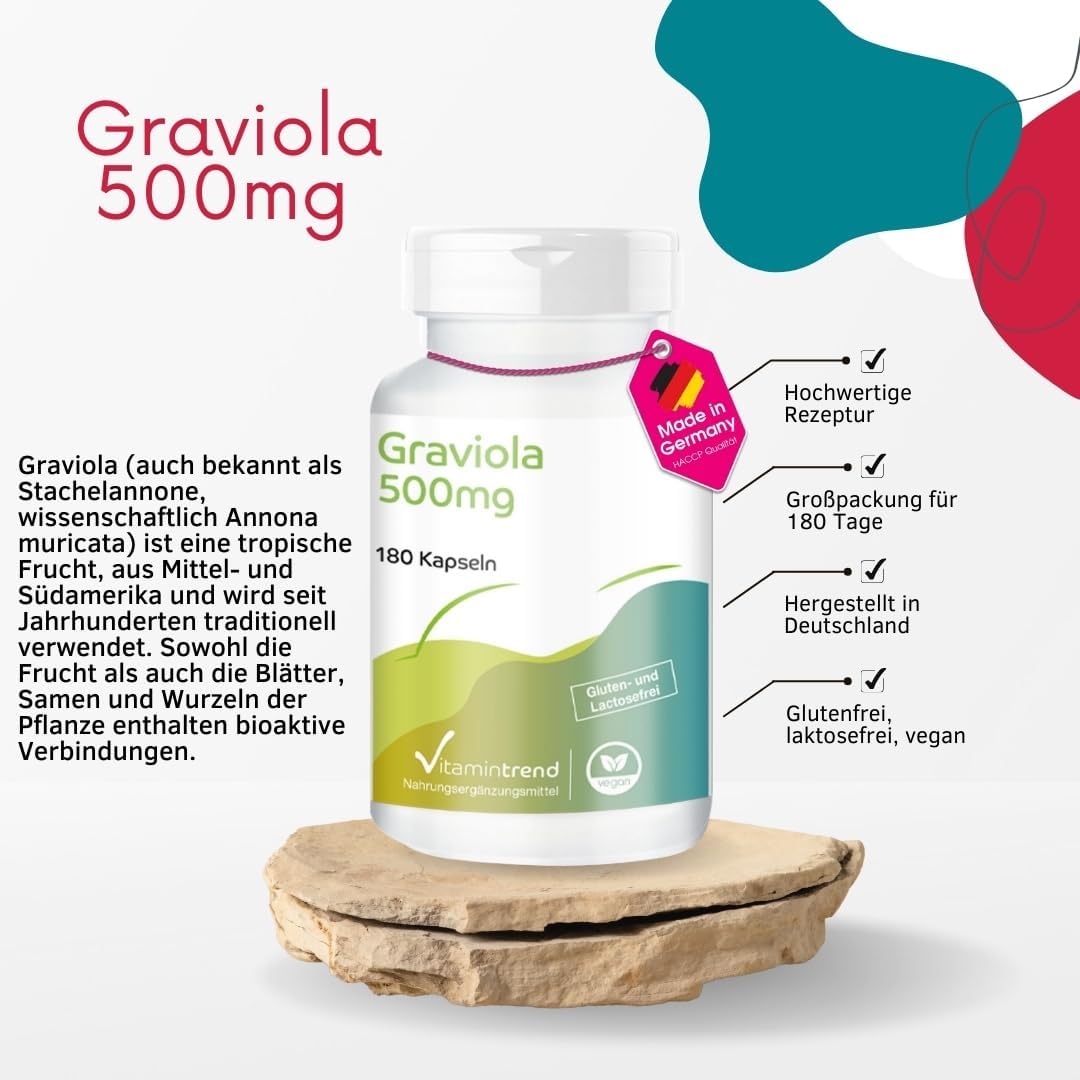 Detalle de Graviola hochdosiert 500 mg – 180 Kapseln | Veganes Nahrungsergänzungsmittel aus Graviola-Frucht