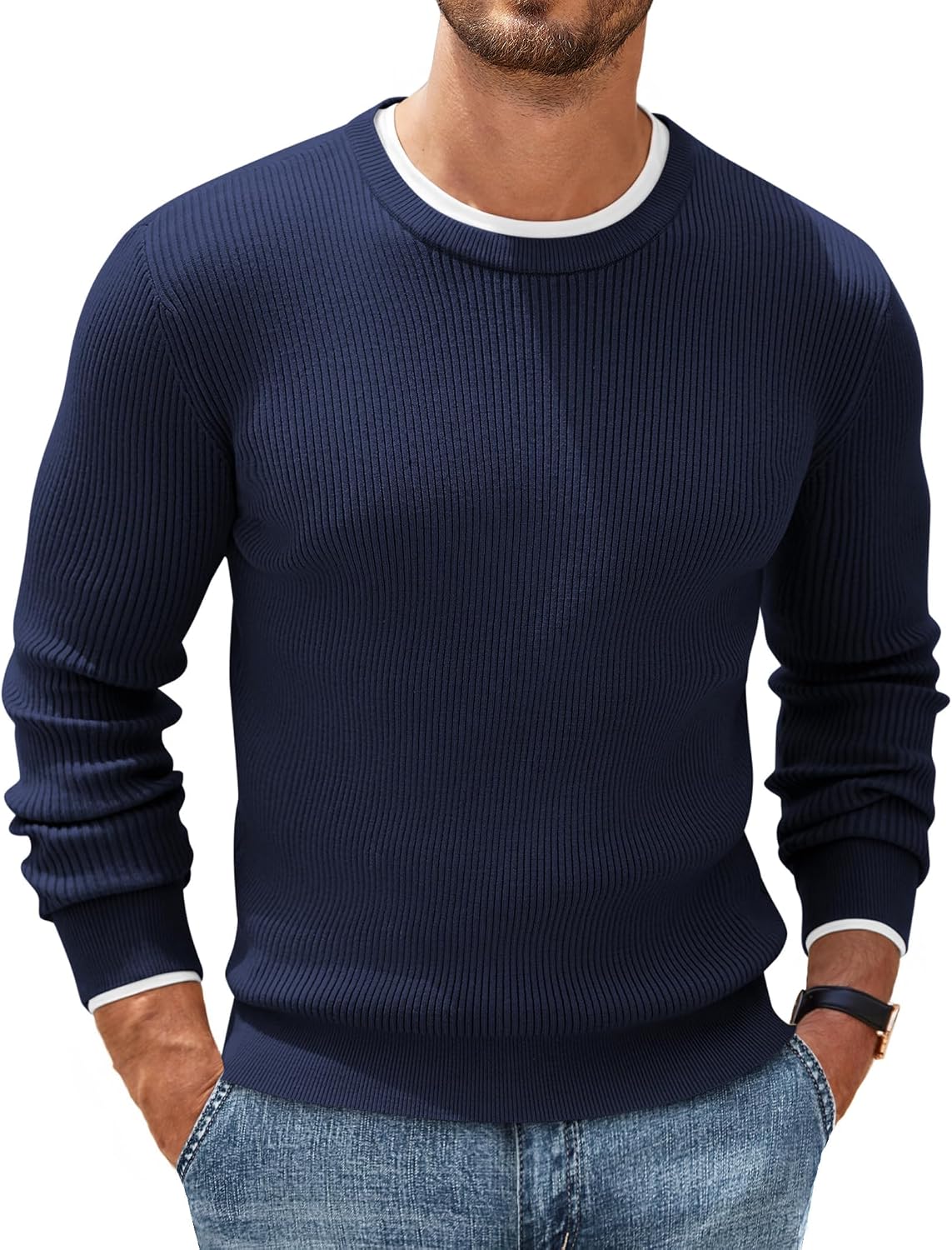 Detalle de COOFANDY Herren Rundhals Pullover Basic aus Feinstrick – Business-Strickpullover mit geripptem Kragen