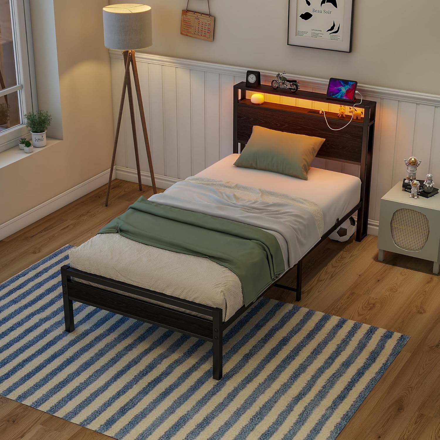 Thumbnail 6 de HOJINLINERO Telaio per letto 90x200 cm in metallo e legno con scomparti, ricarica USB e LED