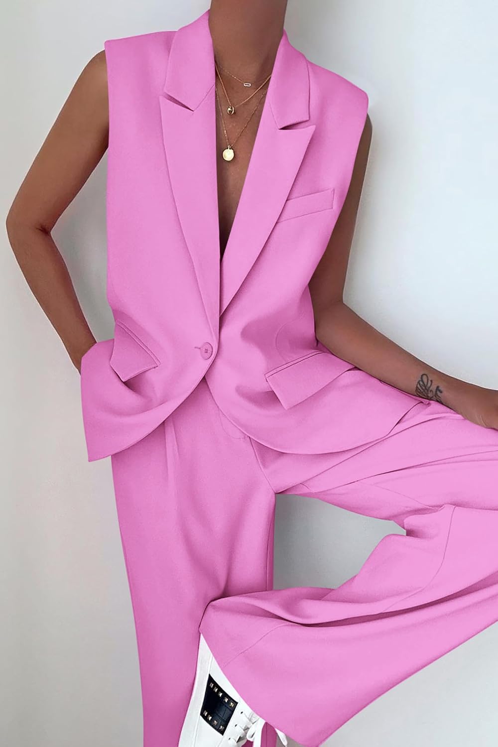 Detalle 2 de PRETTYGARDEN Women’s 2-Piece Sleeveless Vest Blazer + Wide-Leg Pants Suit Set