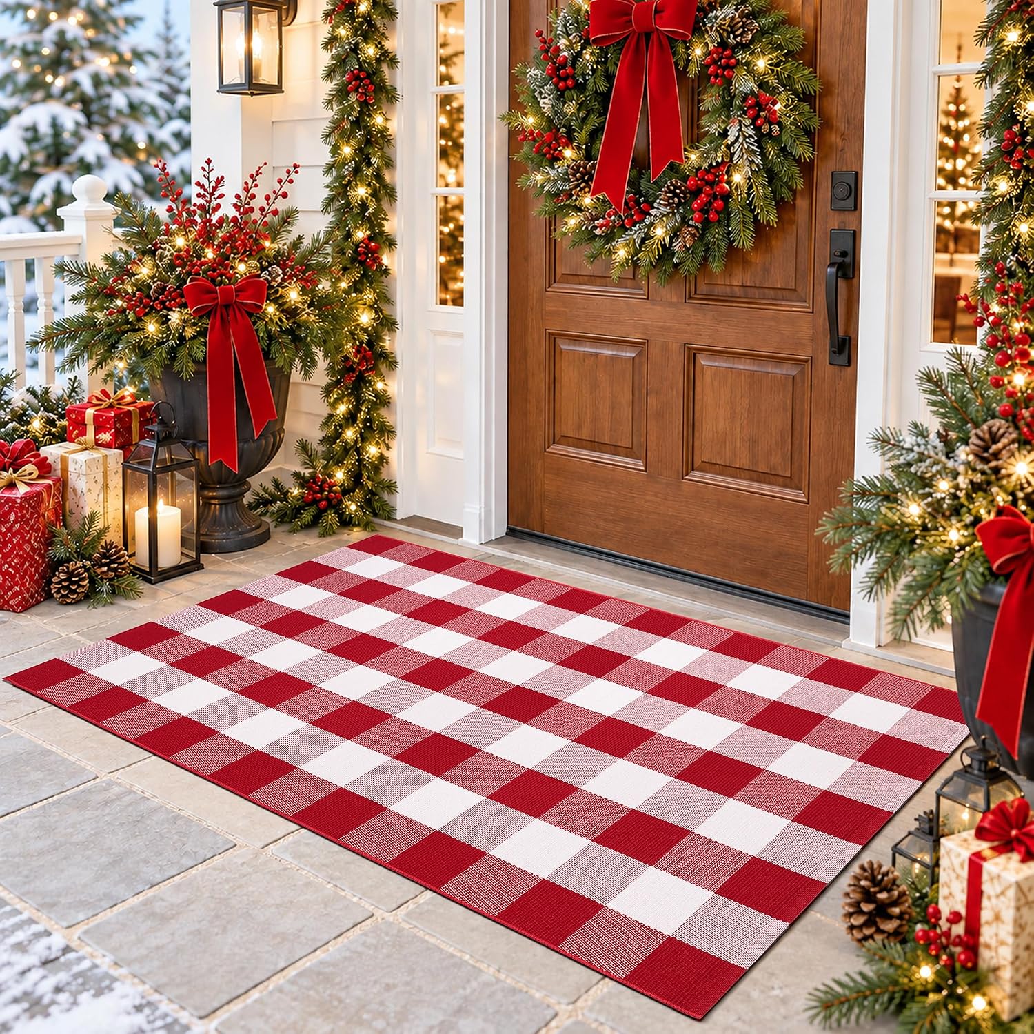 Detalle de Homydecor 3' x 5' Christmas Plaid Door Mat, Reversible Cotton-Poly Flatweave