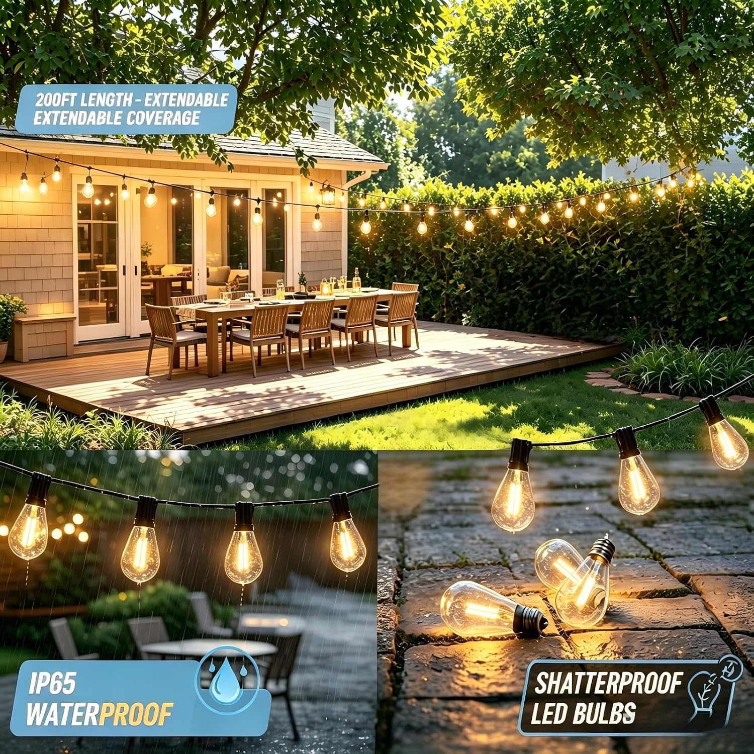 Detalle de smareal 200FT Outdoor String Lights, 2700K Warm White, IP65, Shatterproof S11 LEDs