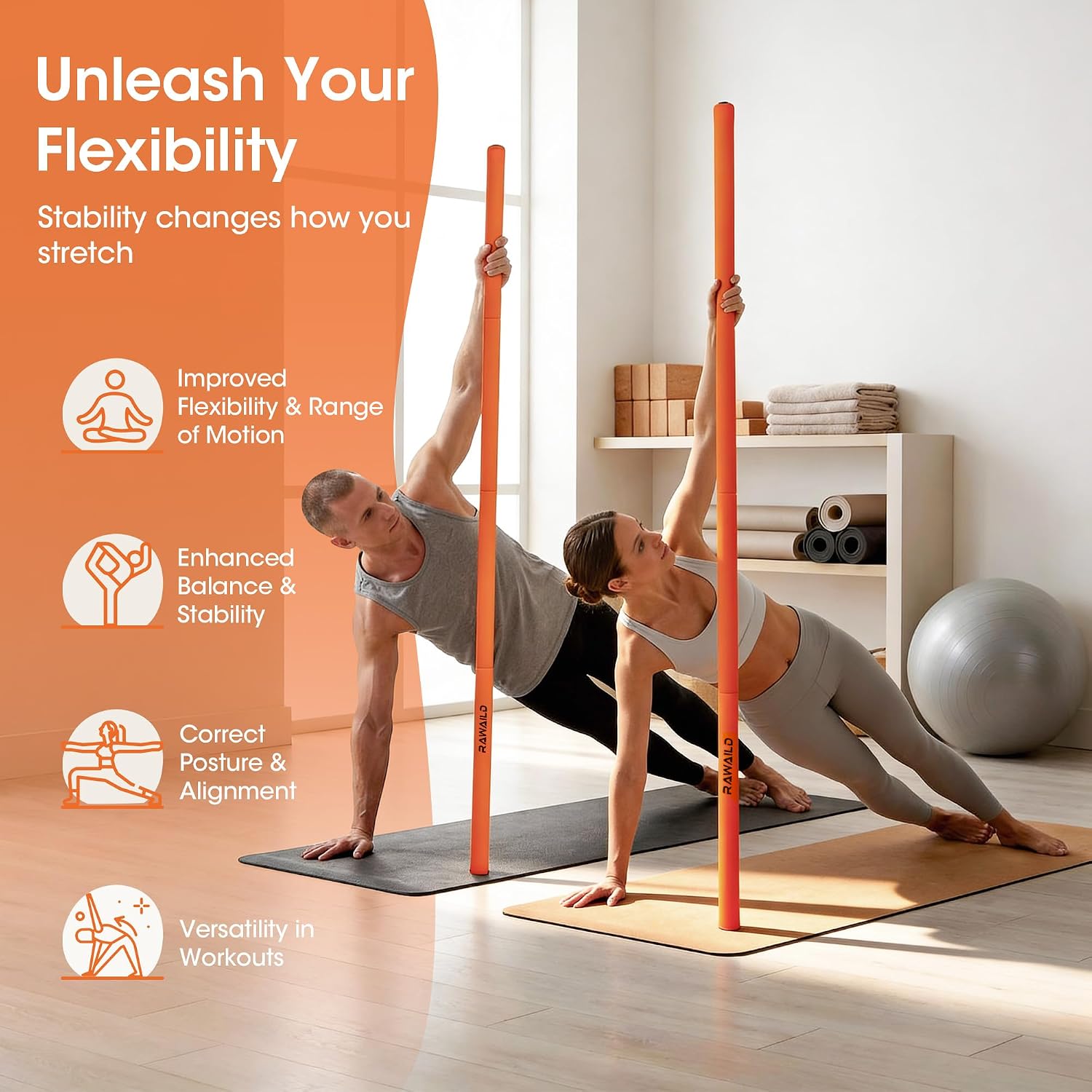 Detalle de RAWAILD Yoga Mobility Stick, 5 ft