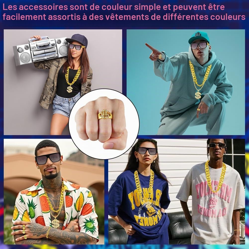 Thumbnail 5 de BSBUY 10-delige hiphop-kostuumaccessoireset met gouden kettingen en ringen