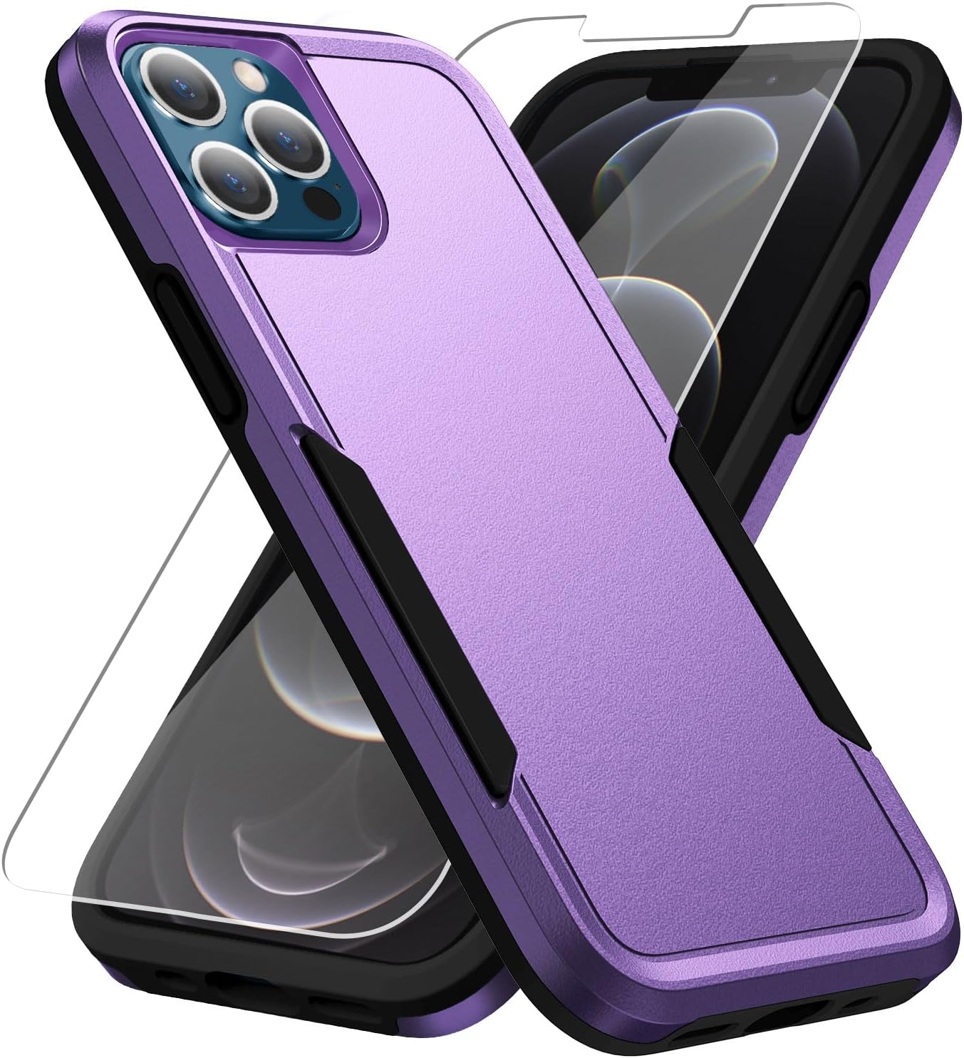 Detalle de Warsia iPhone 12/12 Pro Case with HD Screen Protector – Purple, Military Grade