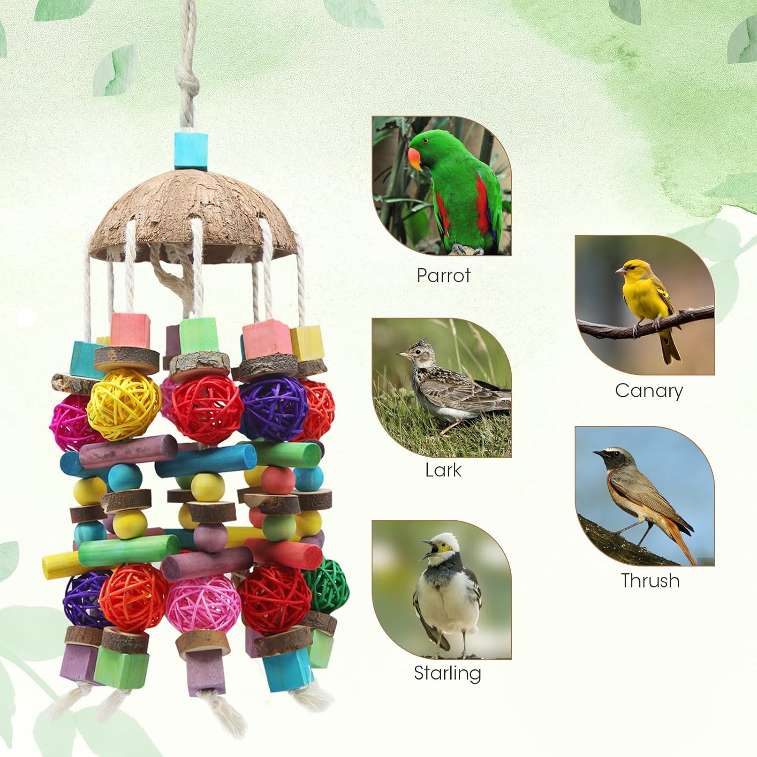 Detalle de MQUPIN Large Parrot Toys with Coconut Shell – Natural wooden climbing & chewing toy for African Grey