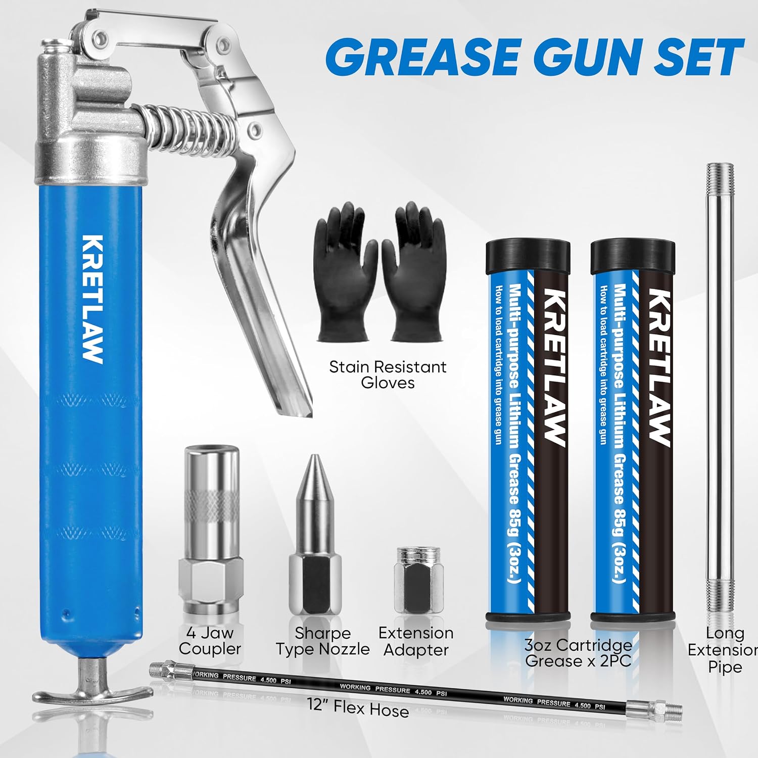 Thumbnail 2 de KRETLAW Mini Grease Gun (3000 PSI) with Double 3oz Cartridges, 12" Flex Hose & Reinforced Coupler