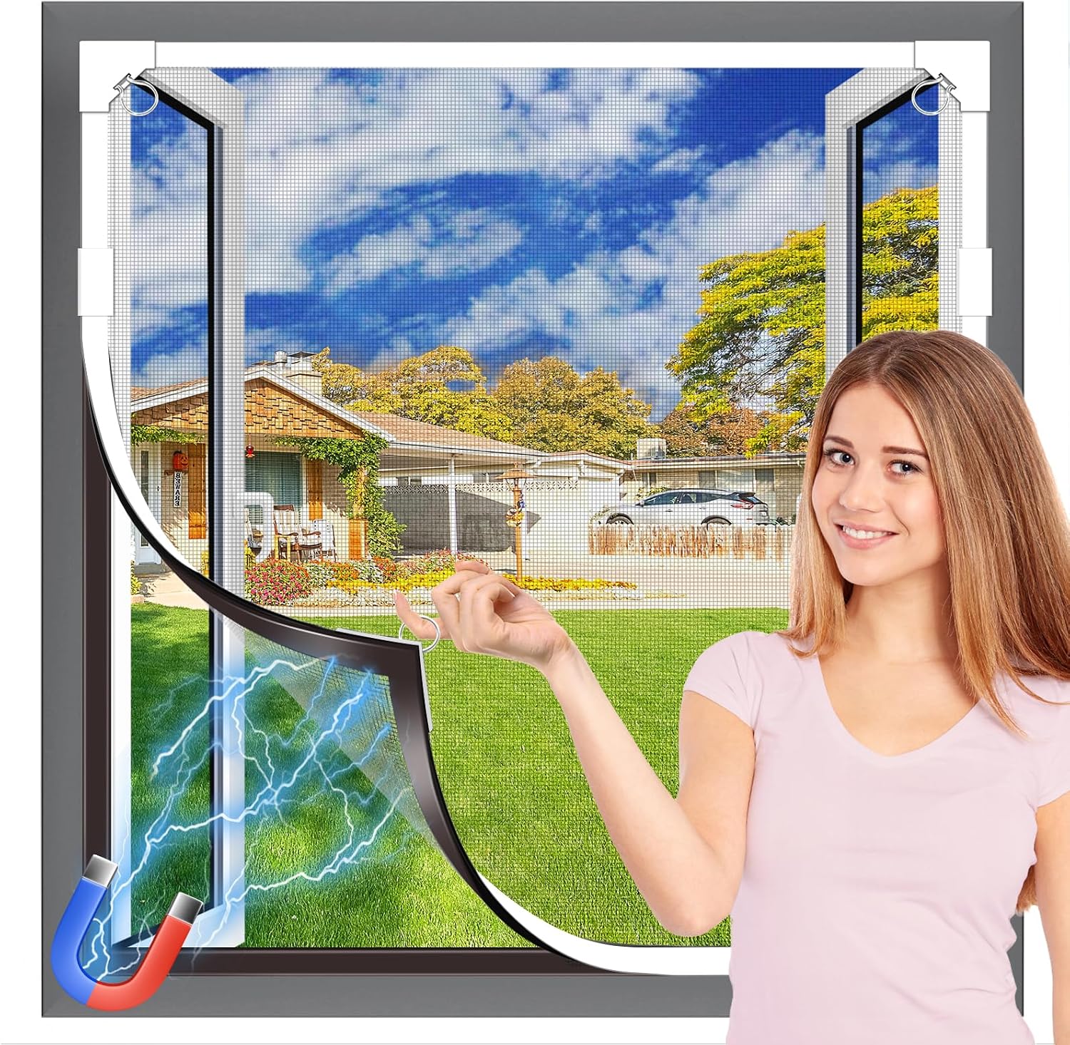 Detalle de OWYR Magnetic Window Screen, 43" x 47", Fibreglass Mesh, Magnetic Closure