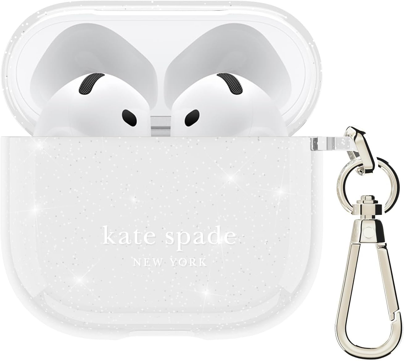 Detalle de ケイト・スペード ニューヨーク KS056508 AirPods 4ケース That Sparkle Silver、TPU製・ワイヤレス充電対応・キーリング付き