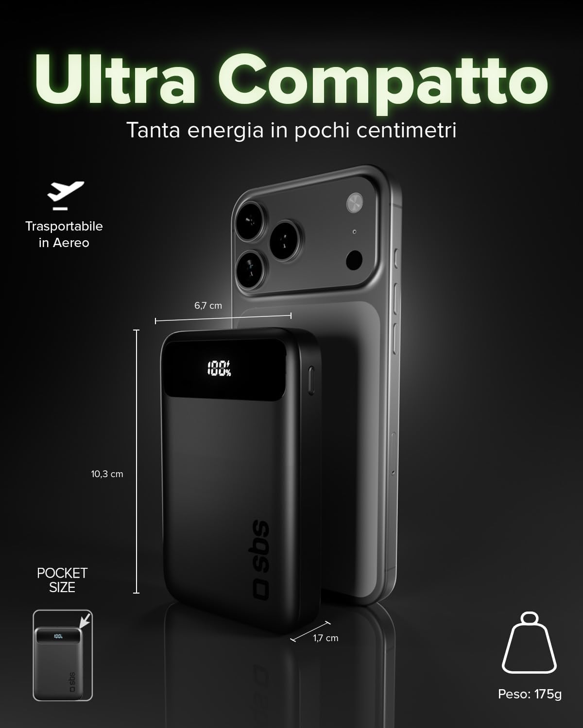 Detalle de SBS Compact PowerBank 10000mAh 20W PD 3.0 PPS, AFC, Display LCD, USB-C e USB-A, nero