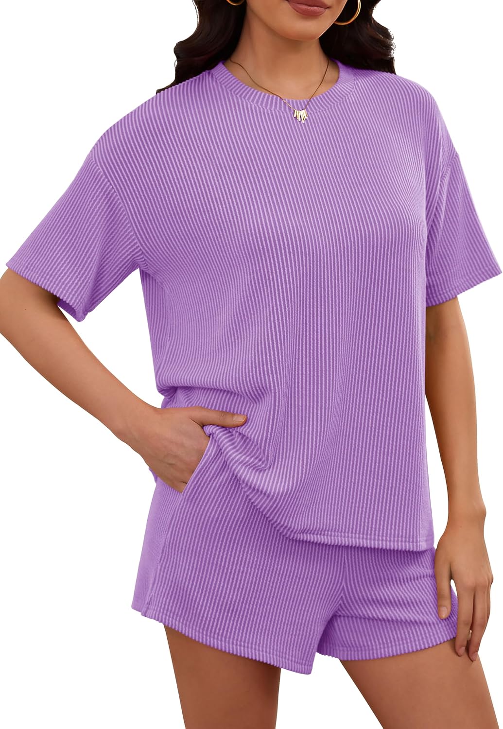 Detalle de RUBZOOF Women's 2-Piece Ribbed Knit Lounge Set: Short Sleeve Top and Shorts