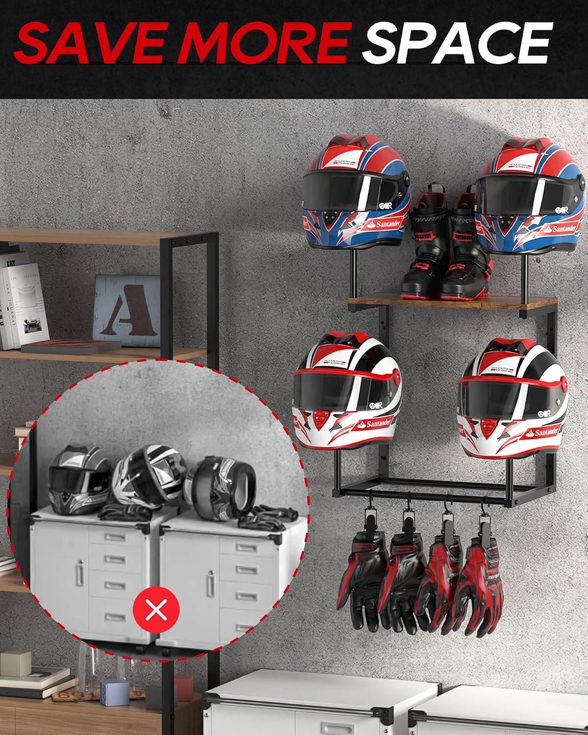 Detalle de THYGIFTREE Helmhalter Wandhalterung für Motorradhelm – Wandaufhängung mit Schublade und Plattenständer (braun)