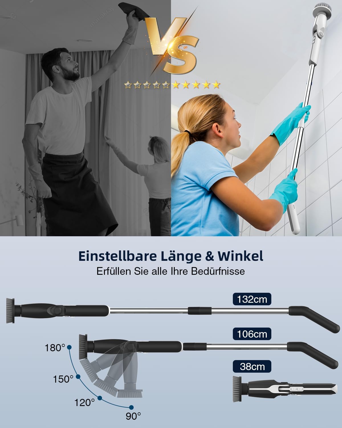 Detalle de Leebein Elektrische Reinigungsbürste YMG-820 – 8 Bürstenköpfe, 2 Geschwindigkeiten, verlängerbarer Griff