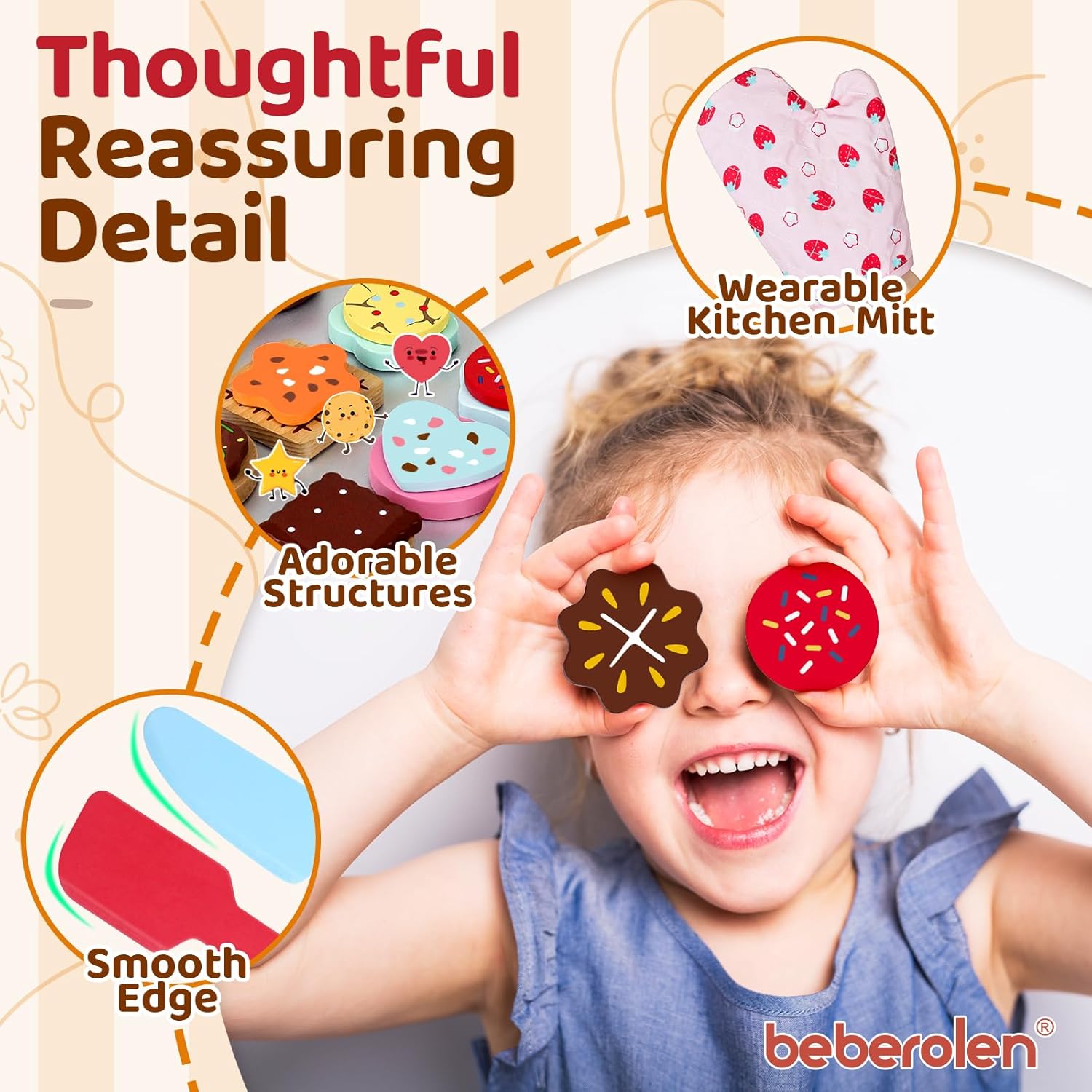 Thumbnail 2 de Beberolen Wooden Cookie Play Food Set – 12 Sliceable Cookies, 12 Toppings, Knife, Spatula & More for Toddlers