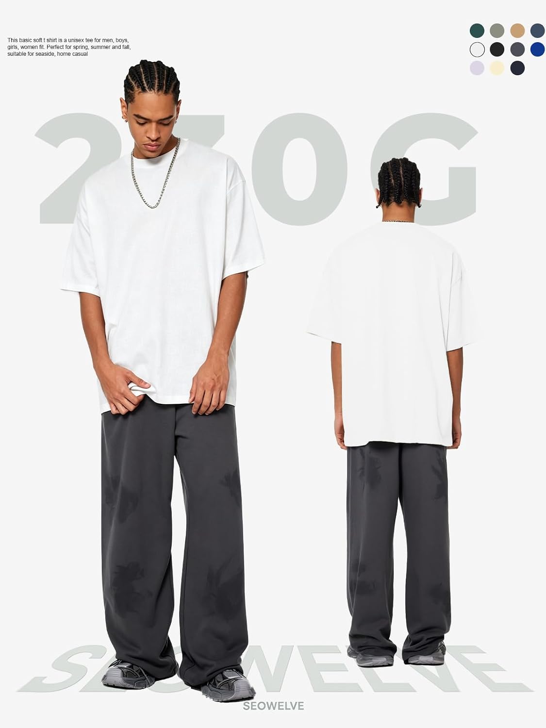 Detalle de SnowElve Men's Oversized Heavyweight Cotton T-Shirt, Crew Neck, Short Sleeve
