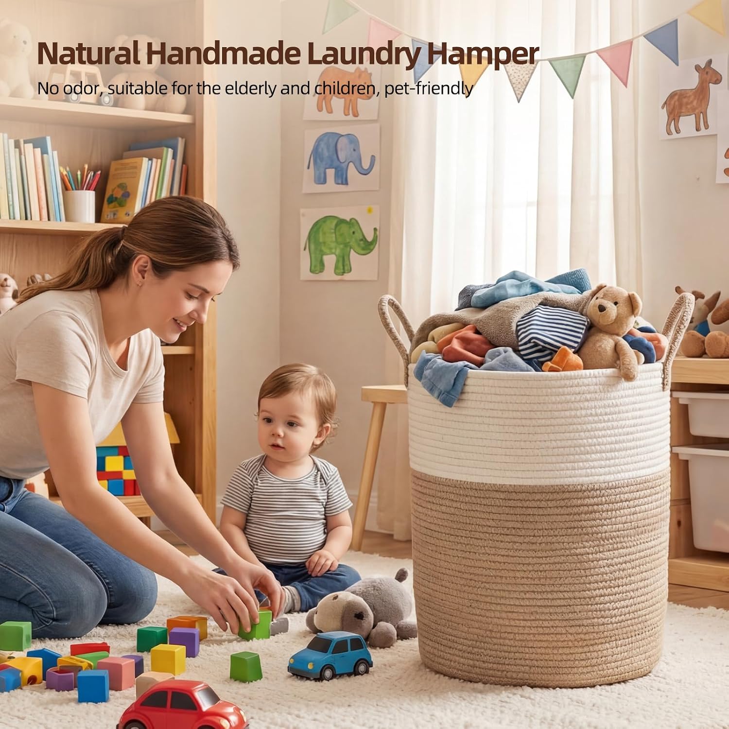 Thumbnail 4 de OIAHOMY 60L Cotton Rope Laundry Hamper, Brown and White, Collapsible