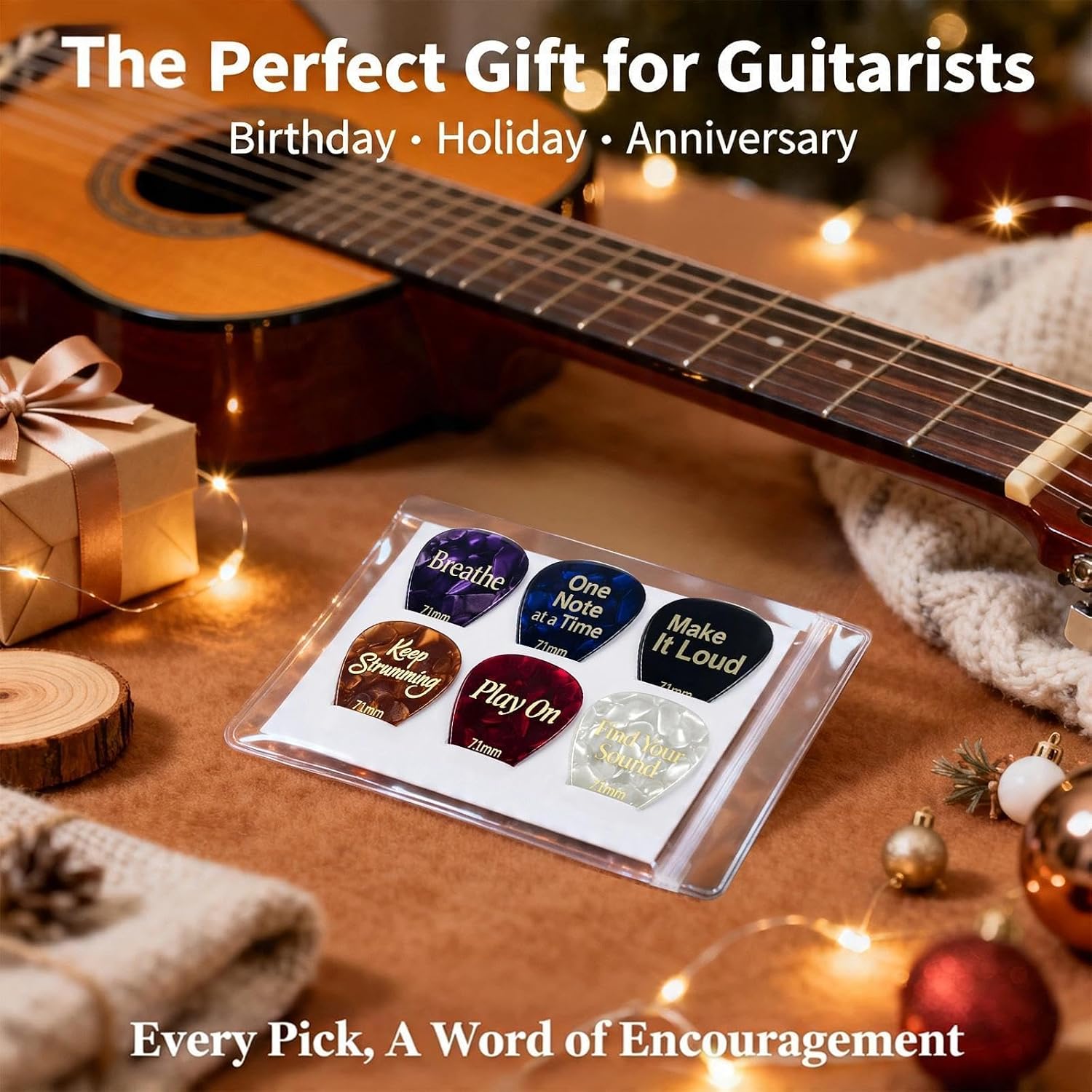 Detalle de Celluloid Guitar Picks Medium .71mm – 6 Mood Plectrums with Inspirational Messages