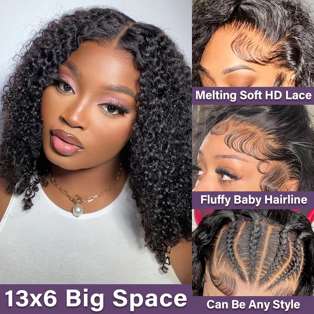 Detalle 2 de Hihmarm Curly Bob Wig (13x6 HD Lace) 100% Human Hair Deep Wave, Glueless Short Bob Wig, 14 Inch