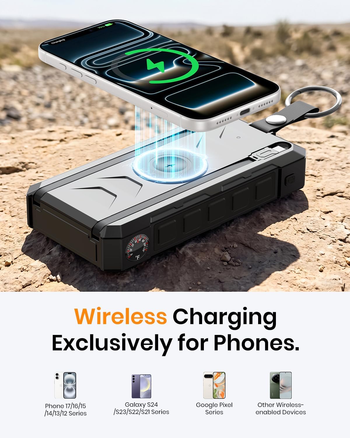 Detalle de SOARAISE SPB2601 50,000mAh Solar Power Bank, 22.5W USB-C, 15W Wireless