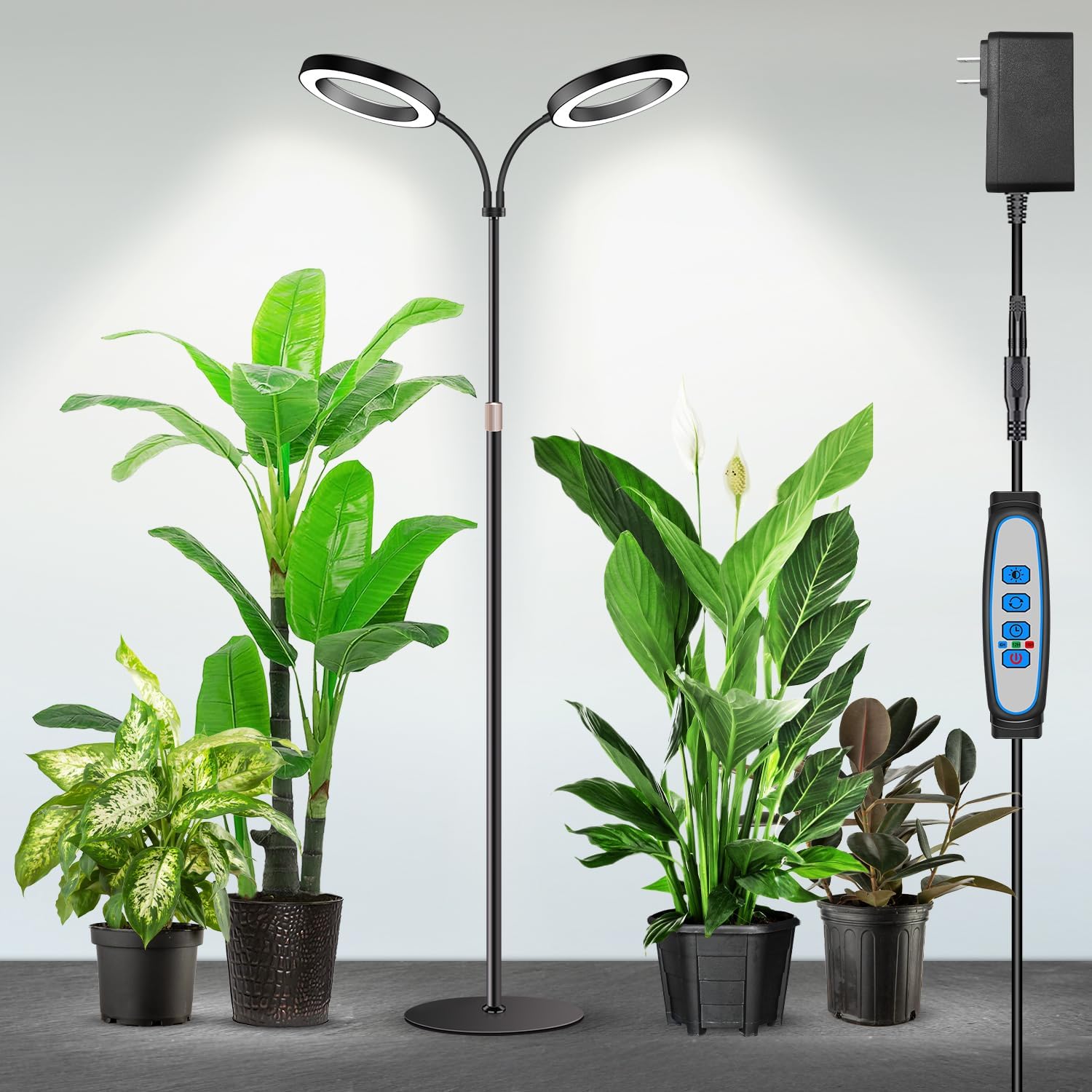 Detalle de Garpsen Halo Pflanzenlampe mit Dual-Kopf Vollspektrum-LED, Standfuß, Timer 6/12/16 h und dimmbaren Stufen