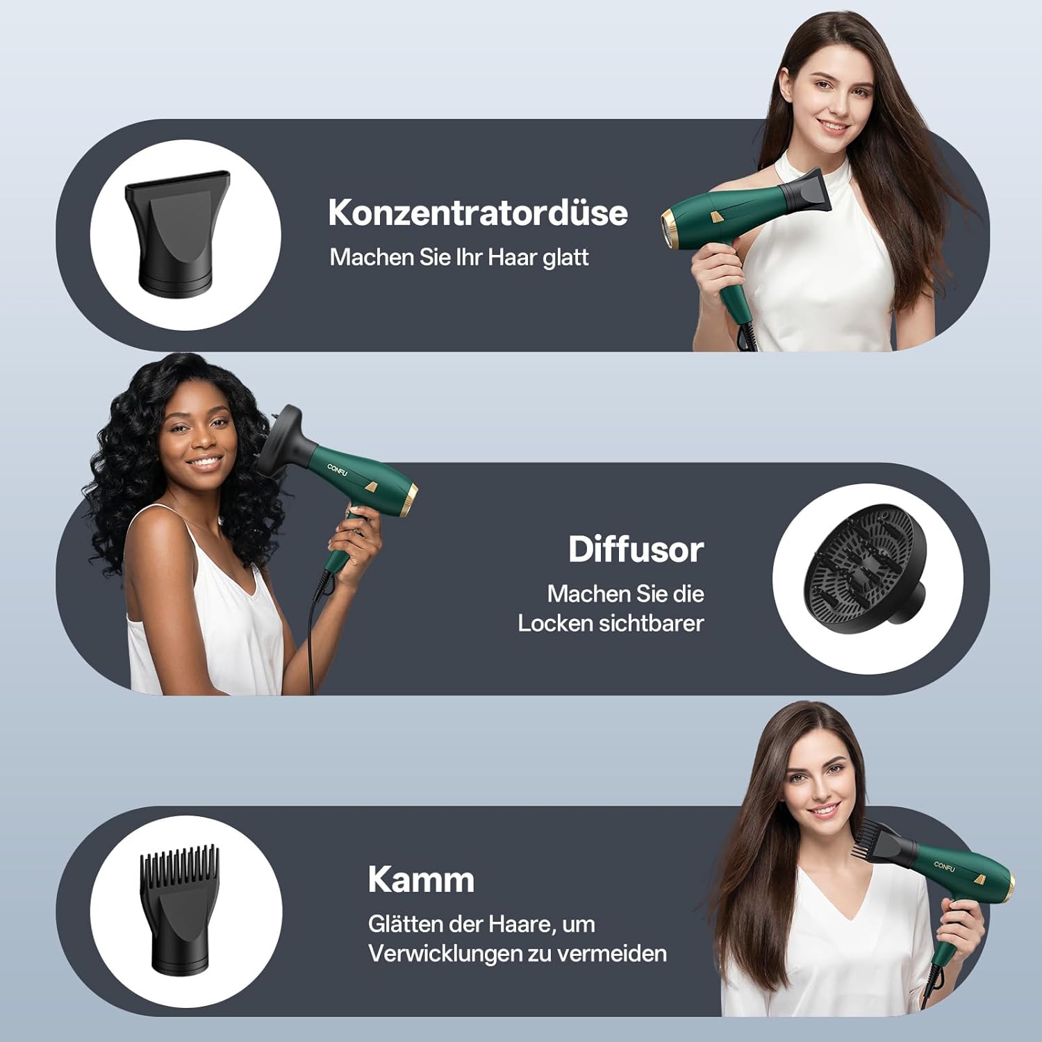 Thumbnail 4 de CONFU Profi Föhn Ionen-Haartrockner 2400 W mit Diffusor und Styling-Düse, 2 Geschwindigkeiten & 3 Heizstufen (grün)