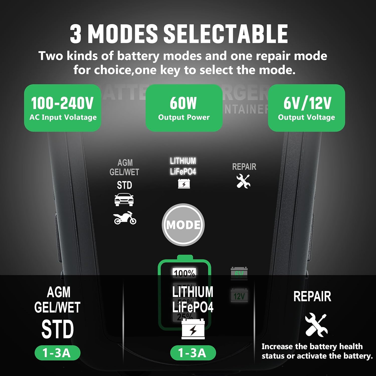 Detalle de Aorika SHUANG3A 6V/12V Smart Battery Charger, 3A, 2-Pack