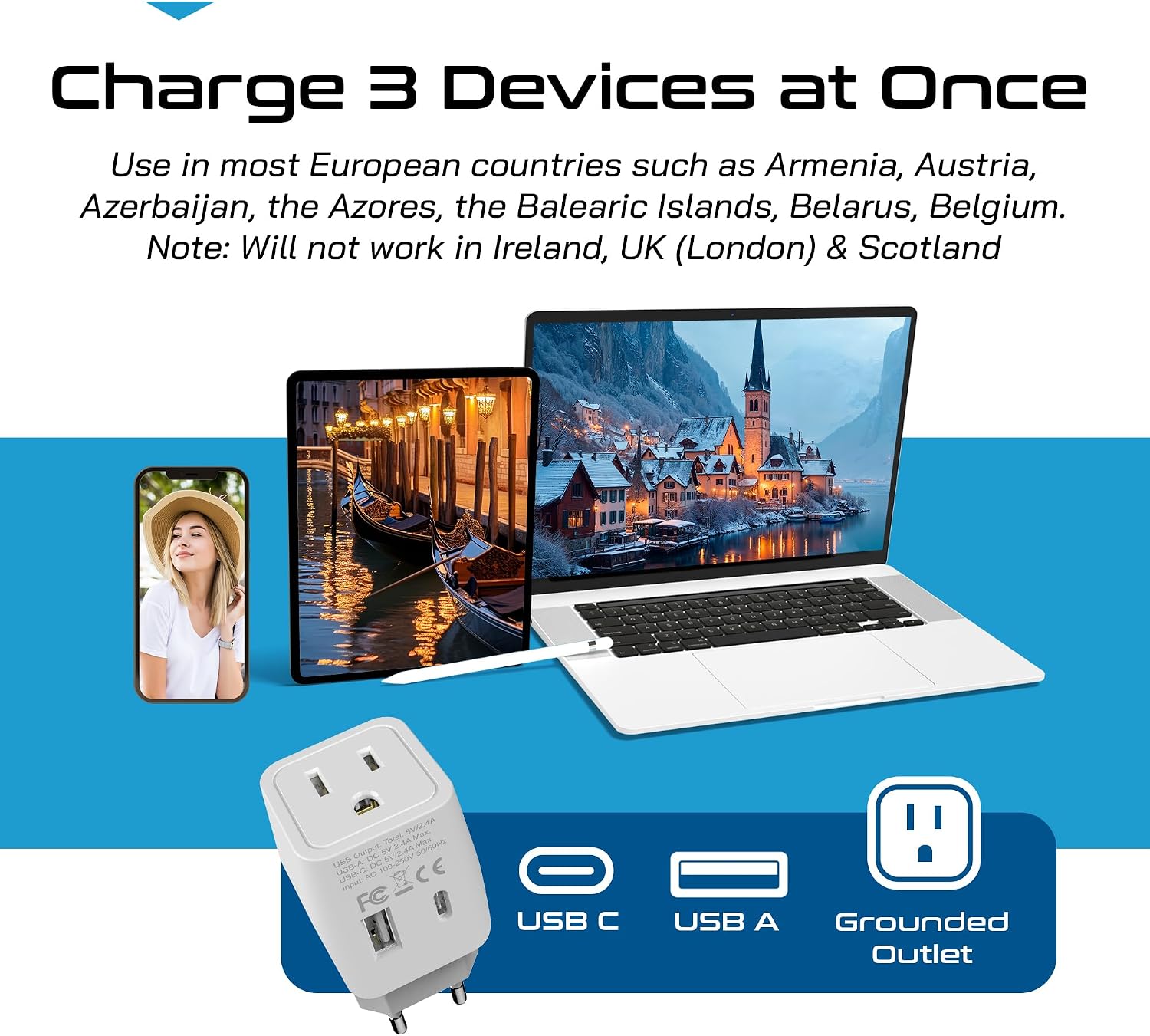 Detalle de Ceptics 3 in 1 European Travel Plug Adapter CTU-9C
