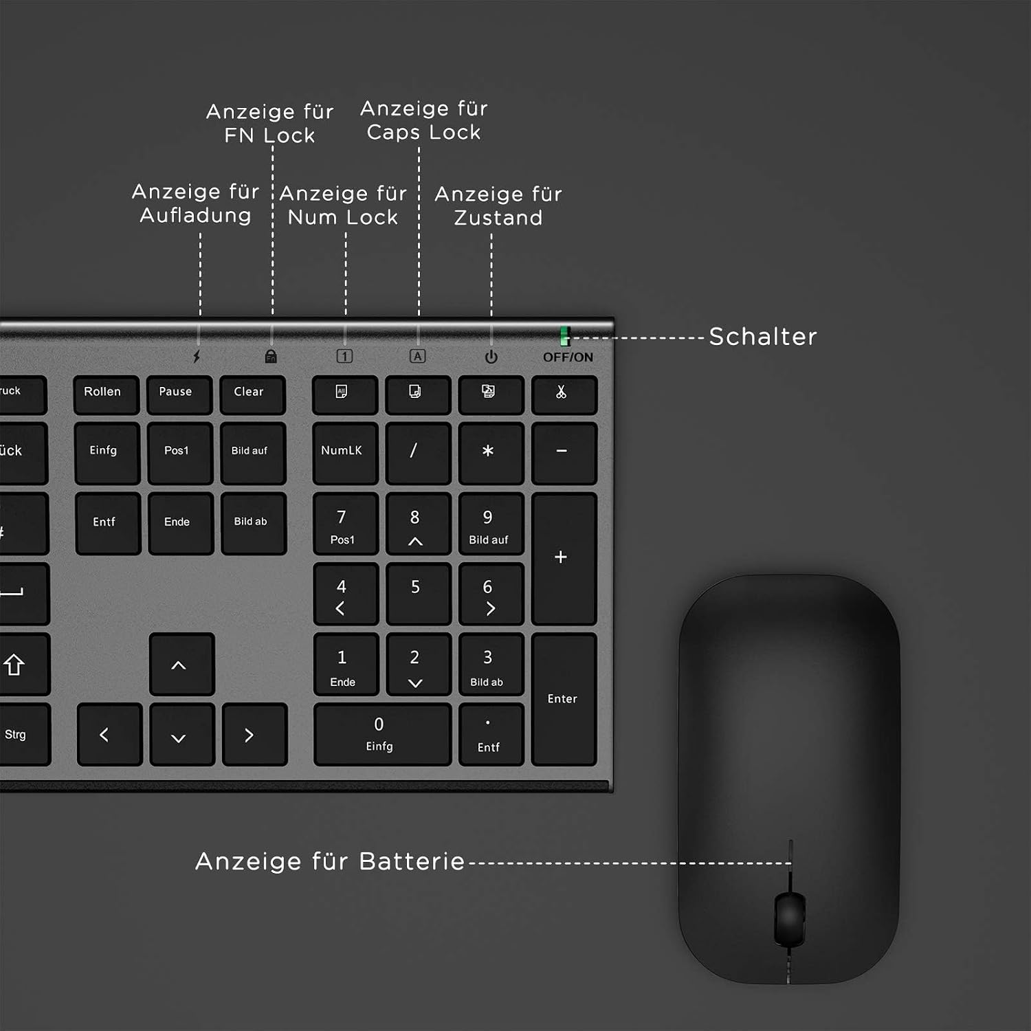 Thumbnail 4 de seenda KS15F kabelloses Tastatur-Maus-Set 2,4G (QWERTZ) ultraflach, wiederaufladbar, Grau/Schwarz