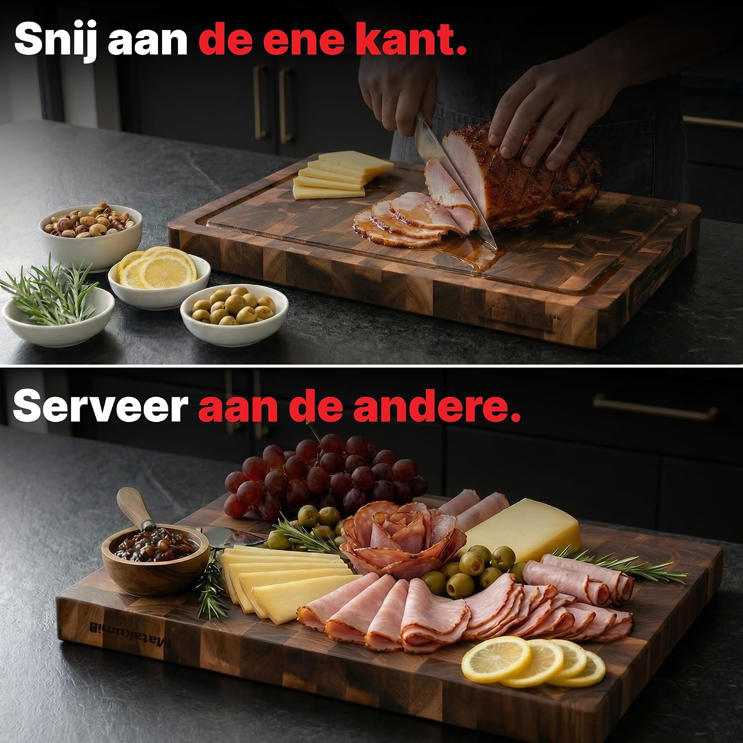 Detalle 2 de Matakumi snijplank van acaciahout met kopshout, sapgroef en zijgrepen