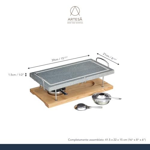 Detalle 2 de Artesà Hot Stone Grill Da Tavolo in Pietra per Bistecche, Frutti di Mare e Verdure – Gourmet Grill 41,5 x 22 x 15 cm (Marmo/Legno)