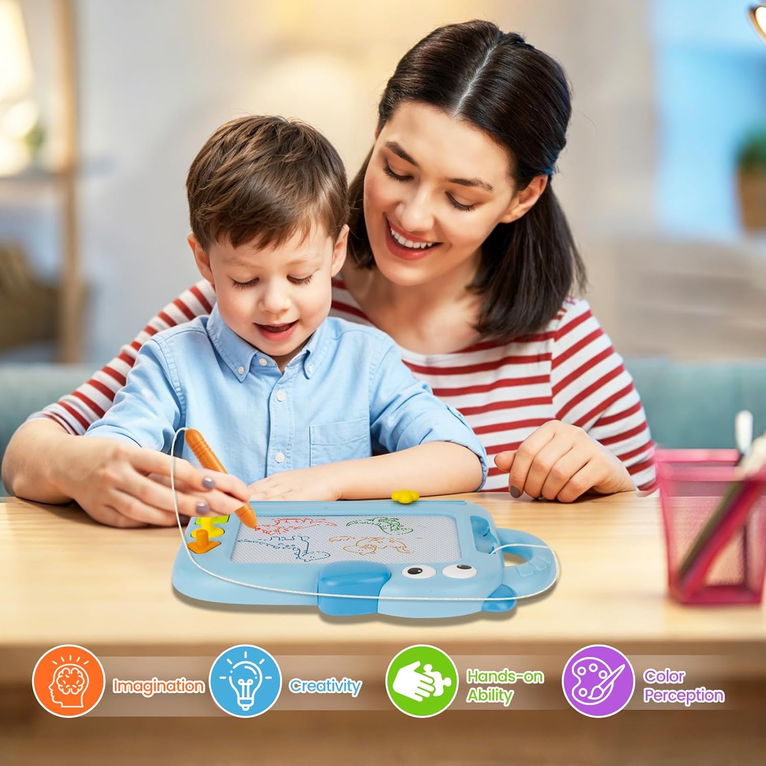 Detalle de Toyvii Large Magnetic Drawing Board for Kids (Blue-B): A Practical Sketch Pad for Toddlers and 3+ Year Olds