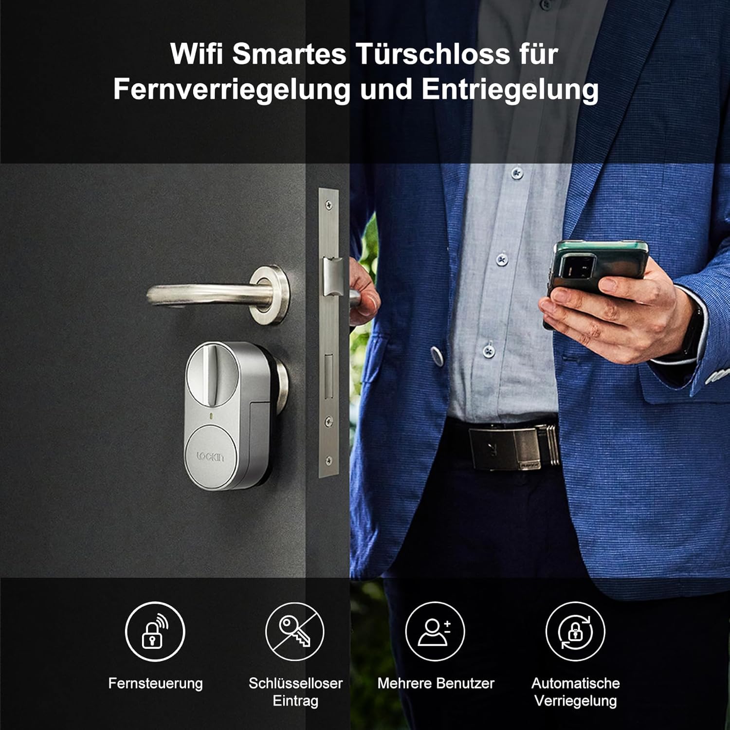Detalle de Lockin Smartes Türschloss G30 – WLAN & App-Steuerung, Auto-Lock, Alexa/Google-kompatibel