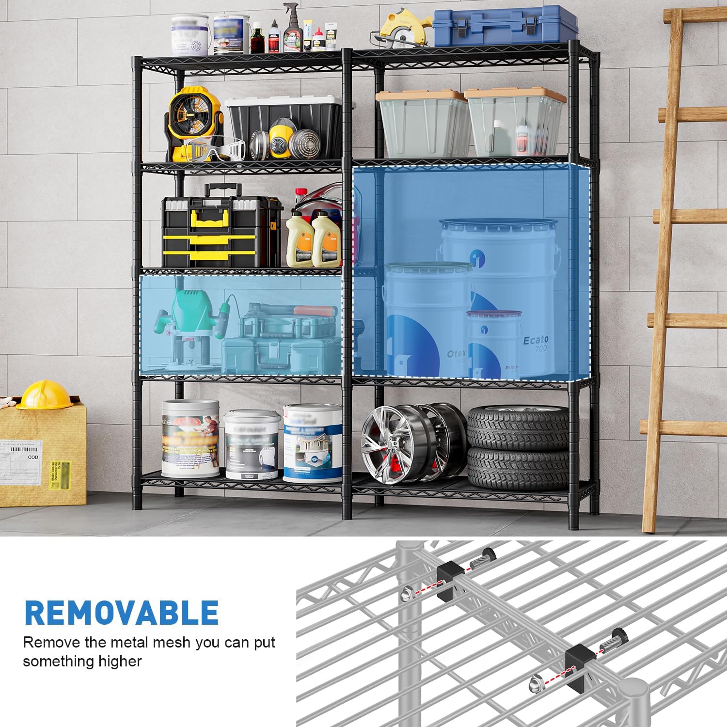 Detalle 2 de CAVSOIR 5-Tier Wire Shelving Unit, 61-Inch Wide Adjustable Black Metal Rack