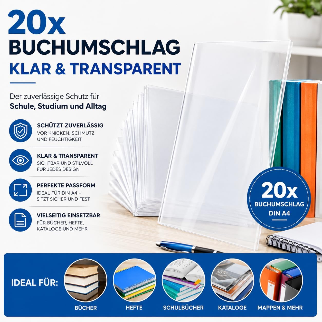 Detalle de 20x Klarer Buchumschlag DIN A4 – Schutzumschlag & Hefthülle für Bücher, Hefte & Notizbücher