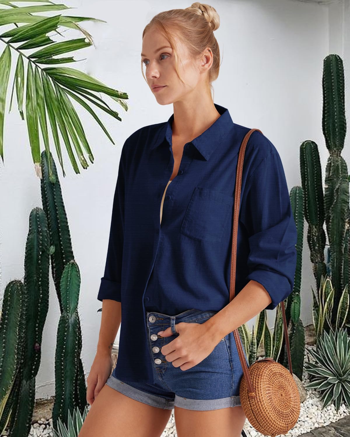 Thumbnail 3 de Friptspyg Donna: Camicia da donna in cotone con maniche lunghe, scollo a V e chiusura a bottoni – vestibilità ampia
