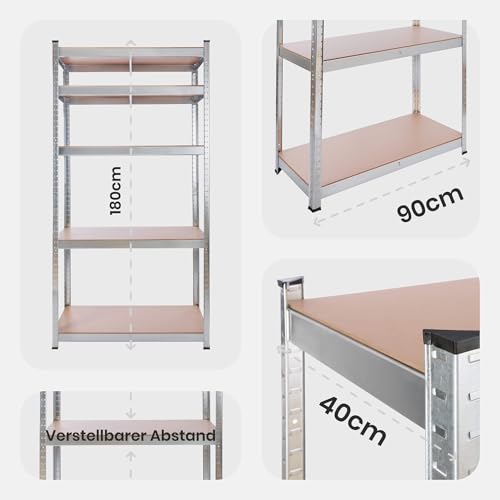 Detalle de Arebos Schwerlastregal-Set 180 x 90 x 40 cm – 875 kg Tragkraft, verzinkt, 5 verstellbare MDF-Böden